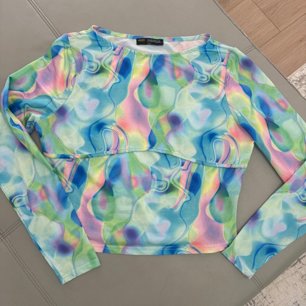 J2 Finesse Womens XL Psychedelic Swirl Print Long Sleeve Crop Multi Color Y2K